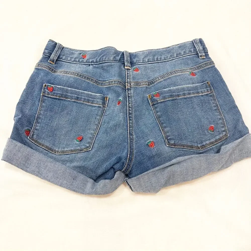 Girls Crewcuts Shorts sz 14 Embroidered Strawberry Design Denim Shorts